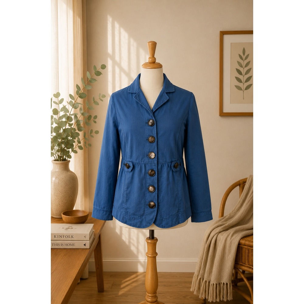 Neon Buddha Blue Cotton Stretch Jacket L – Mixed Buttons Boho Casual Artsy Layer